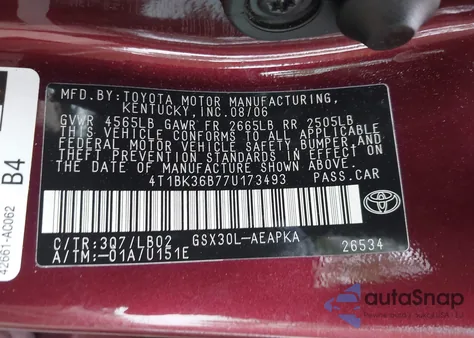 2007 Toyota Avalon Limited from USA, damaged, VIN 4T1BK36B77U173493